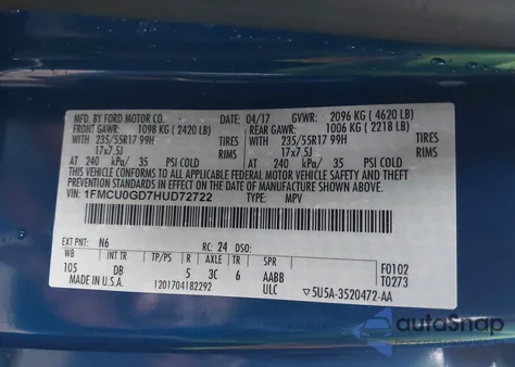 2017 Ford Escape Se z USA, uszkodzony, nr VIN 1FMCU0GD7HUD72722